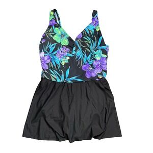 Longitude womens Swim dress One Piece‎ wireless padded Tropical Sz 20W
